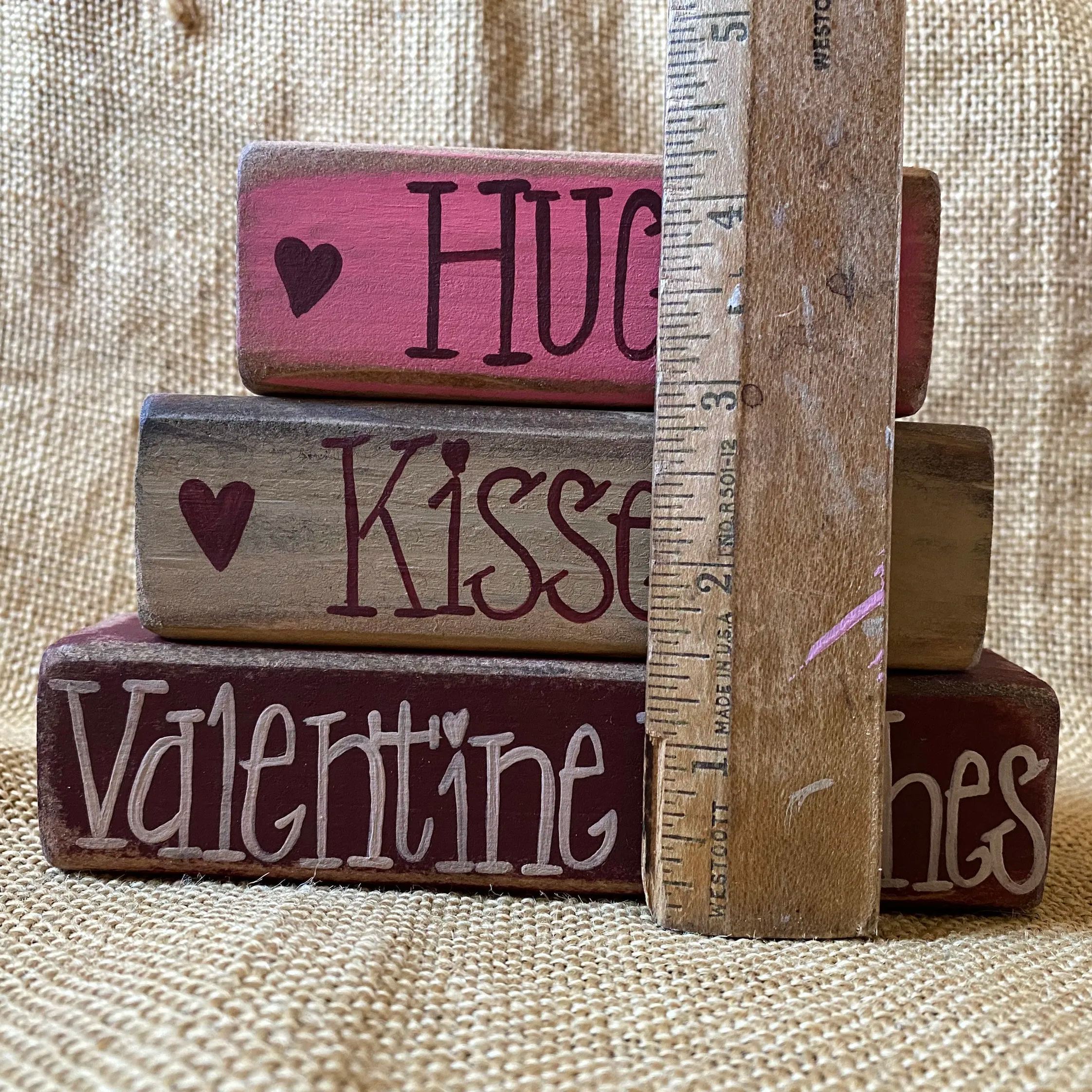 Hand Painted Distressed Hugs Kisses Valentine Wishes Wood Block Set