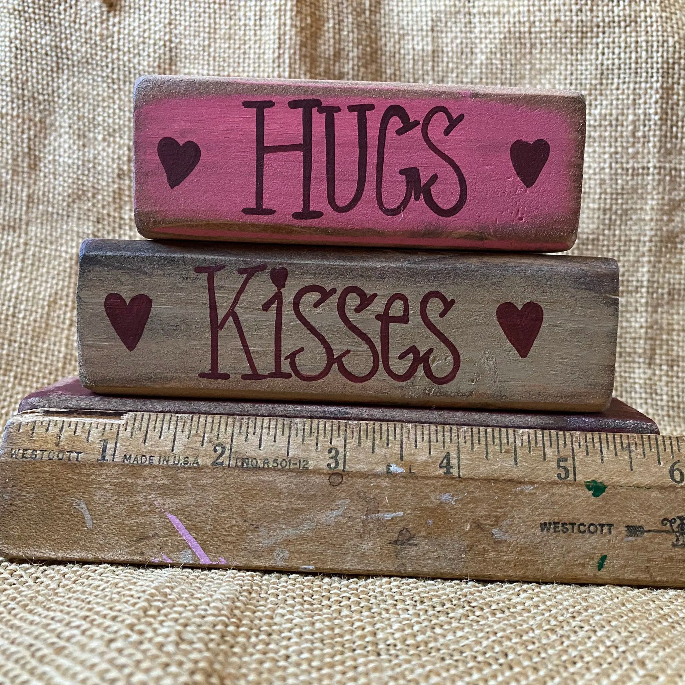Hand Painted Distressed Hugs Kisses Valentine Wishes Wood Block Set