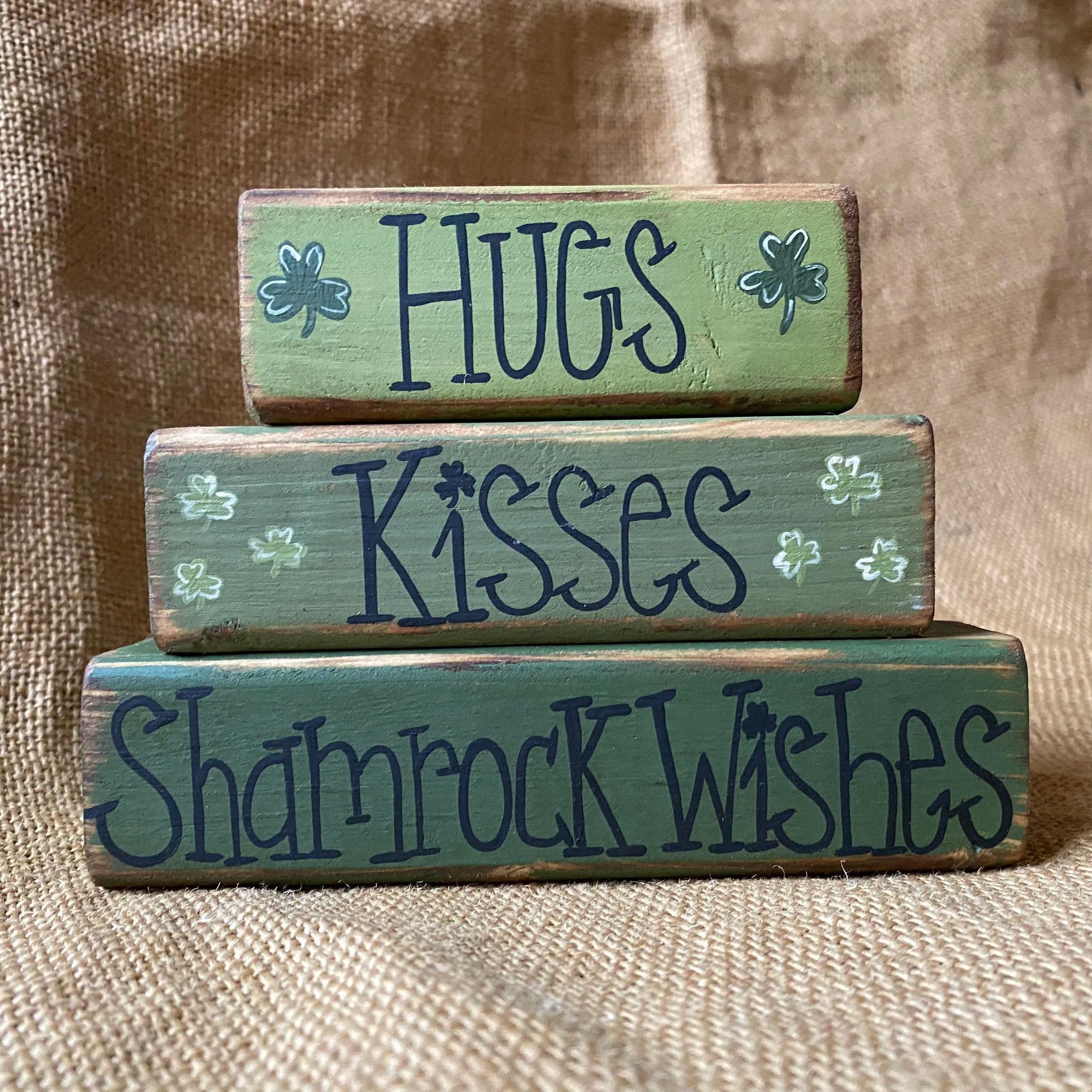 Hand Painted Distressed Hugs Kisses Valentine Wishes Wood Block Set
