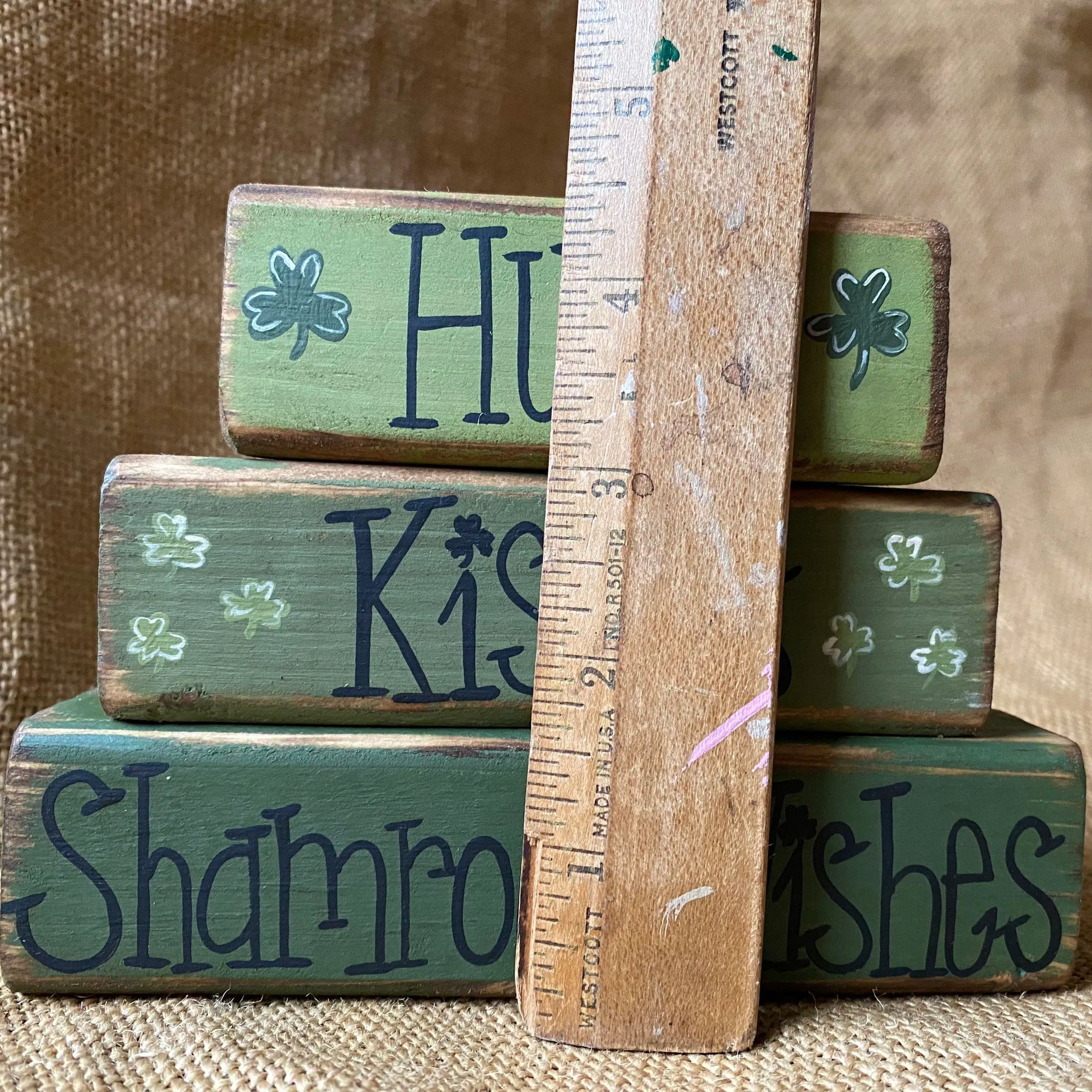 Hand Painted Distressed Hugs Kisses Valentine Wishes Wood Block Set
