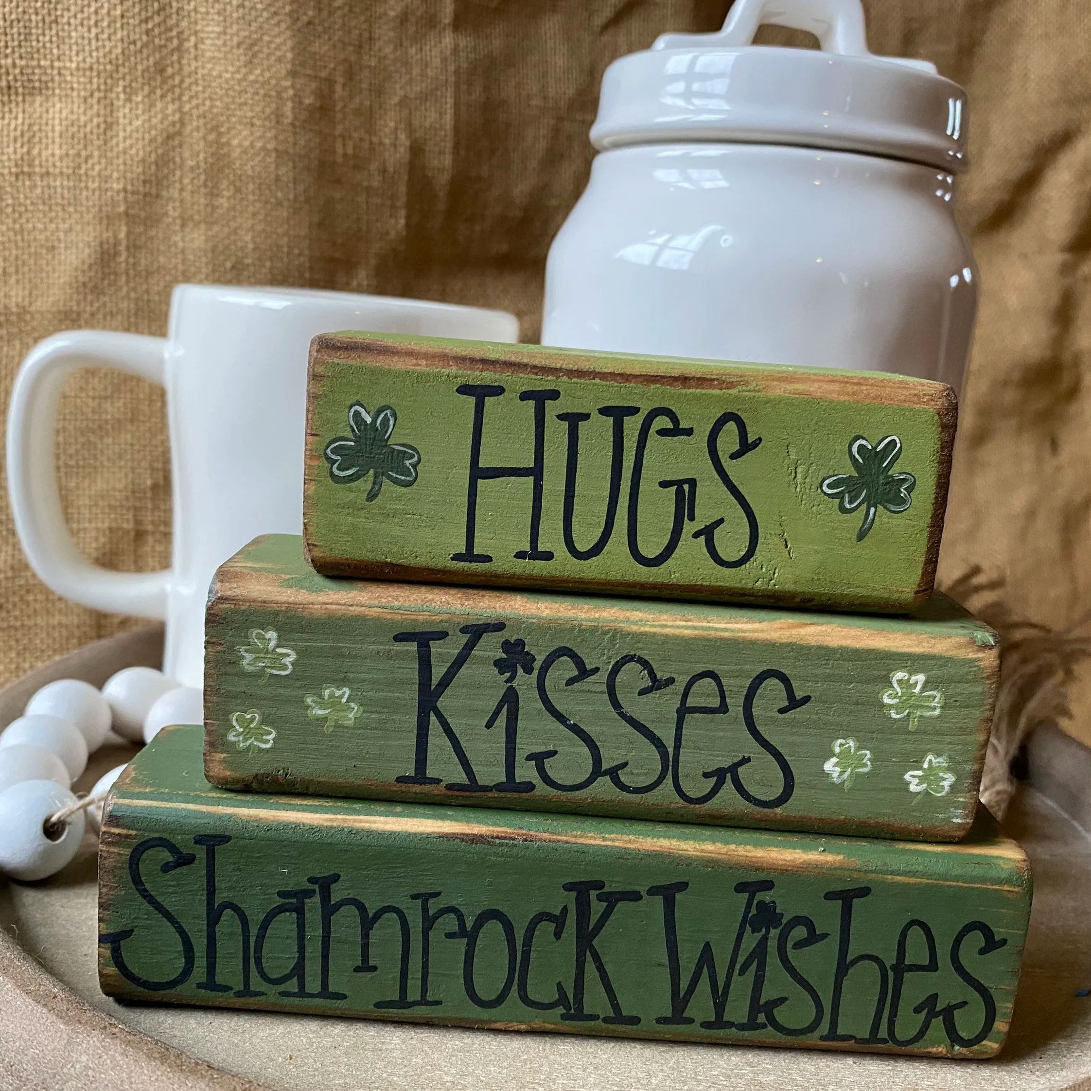 Hand Painted Distressed Hugs Kisses Valentine Wishes Wood Block Set