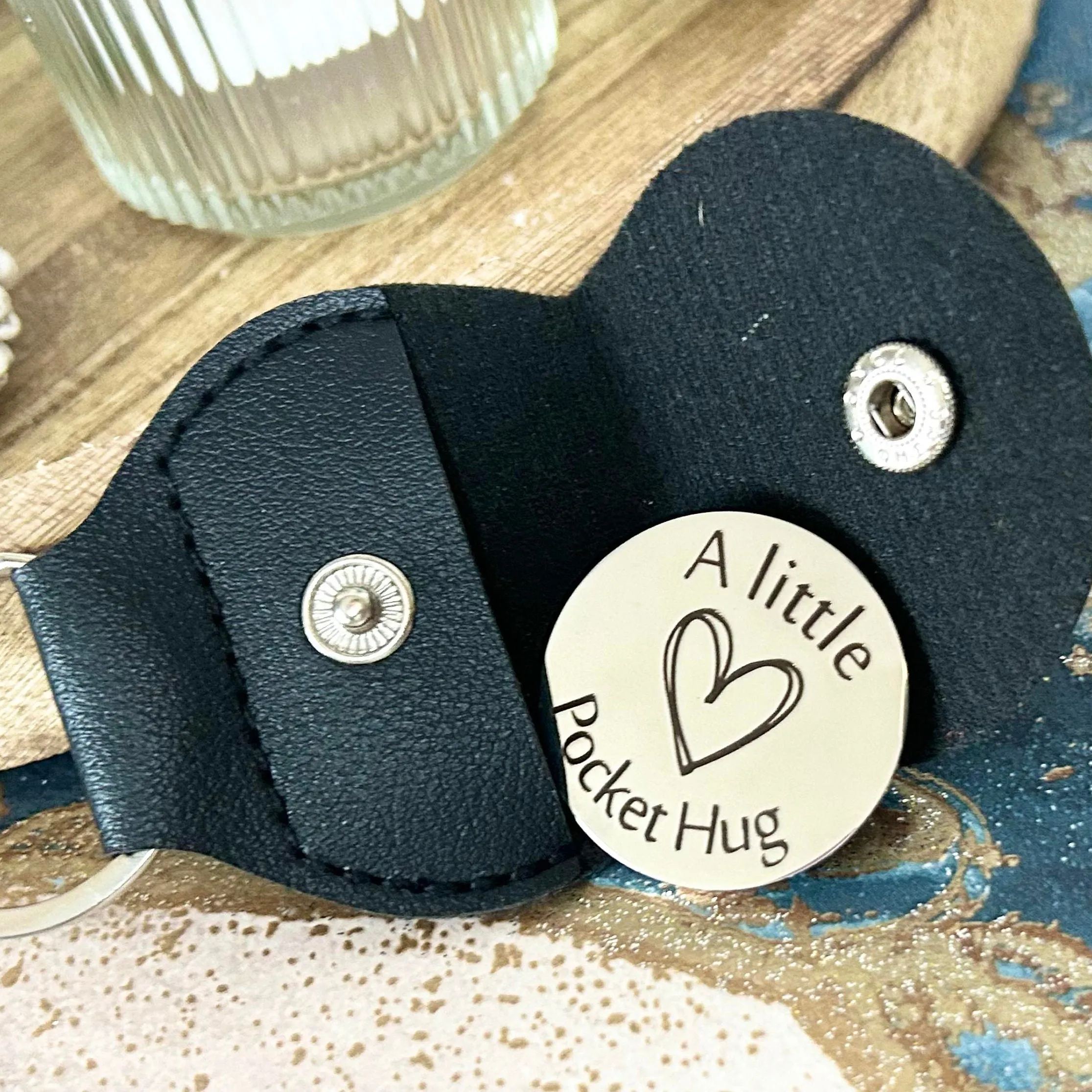 Double Sided Engraved Pocket Hug Token with Leather