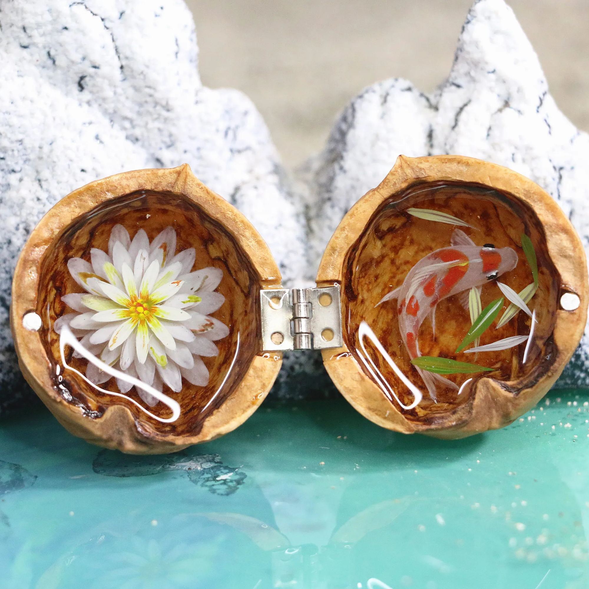 Cute Mini Koi Fish Resin Painting in the Walnut Shell