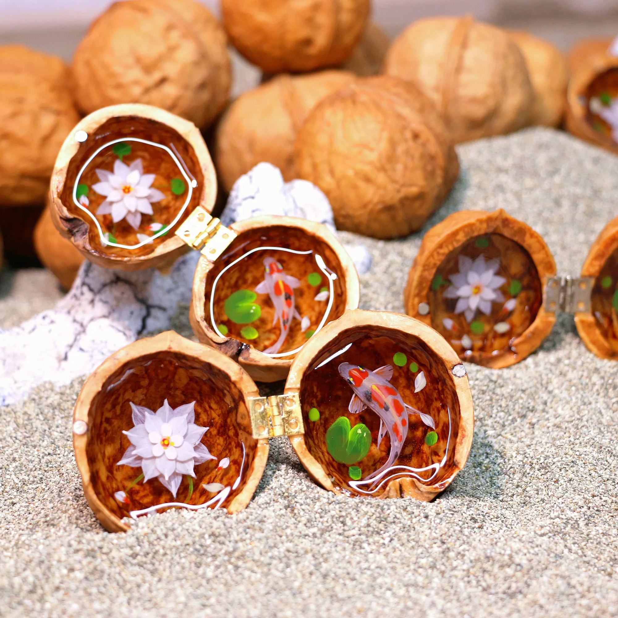 Cute Mini Koi Fish Resin Painting in the Walnut Shell