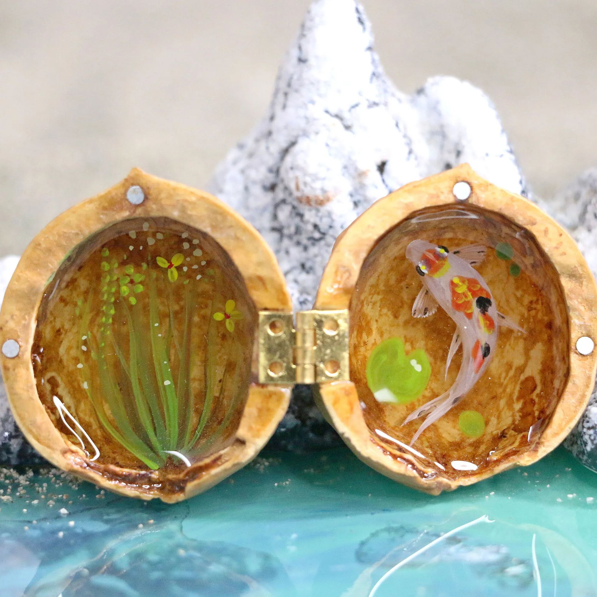 Cute Mini Koi Fish Resin Painting in the Walnut Shell