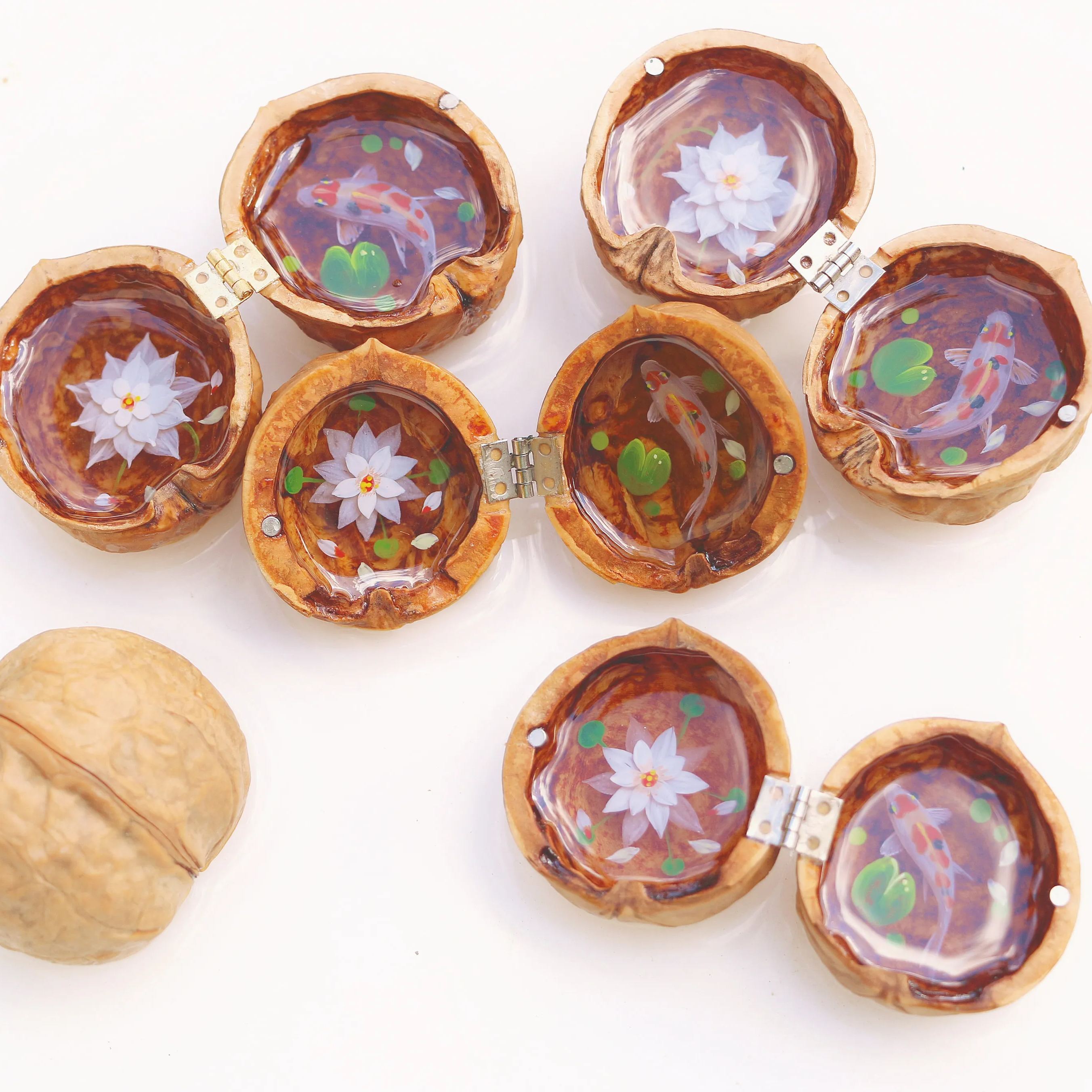 Cute Mini Koi Fish Resin Painting in the Walnut Shell