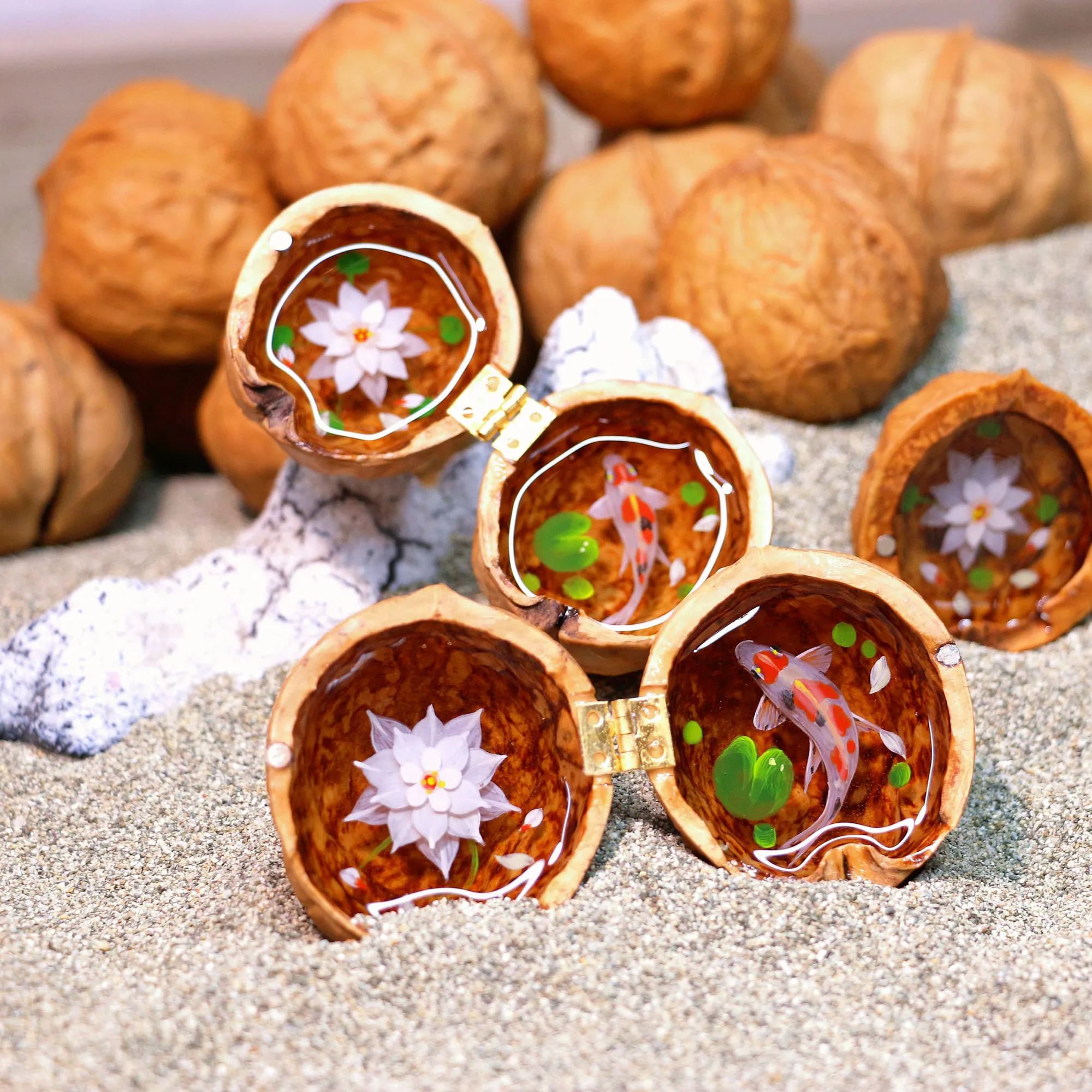 Cute Mini Koi Fish Resin Painting in the Walnut Shell