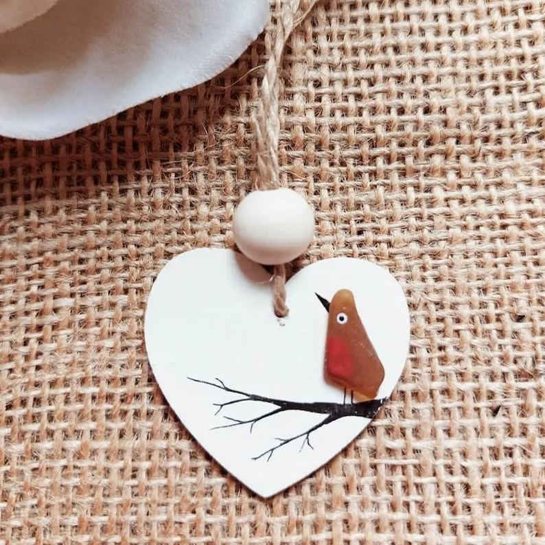 Sea Glass Robin Heart Decoration