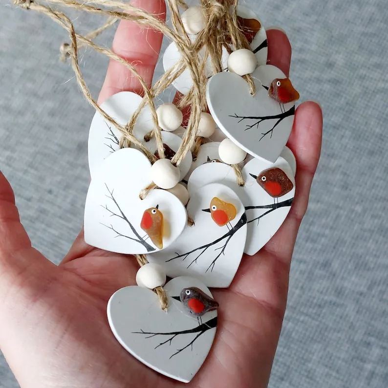 Sea Glass Robin Heart Decoration