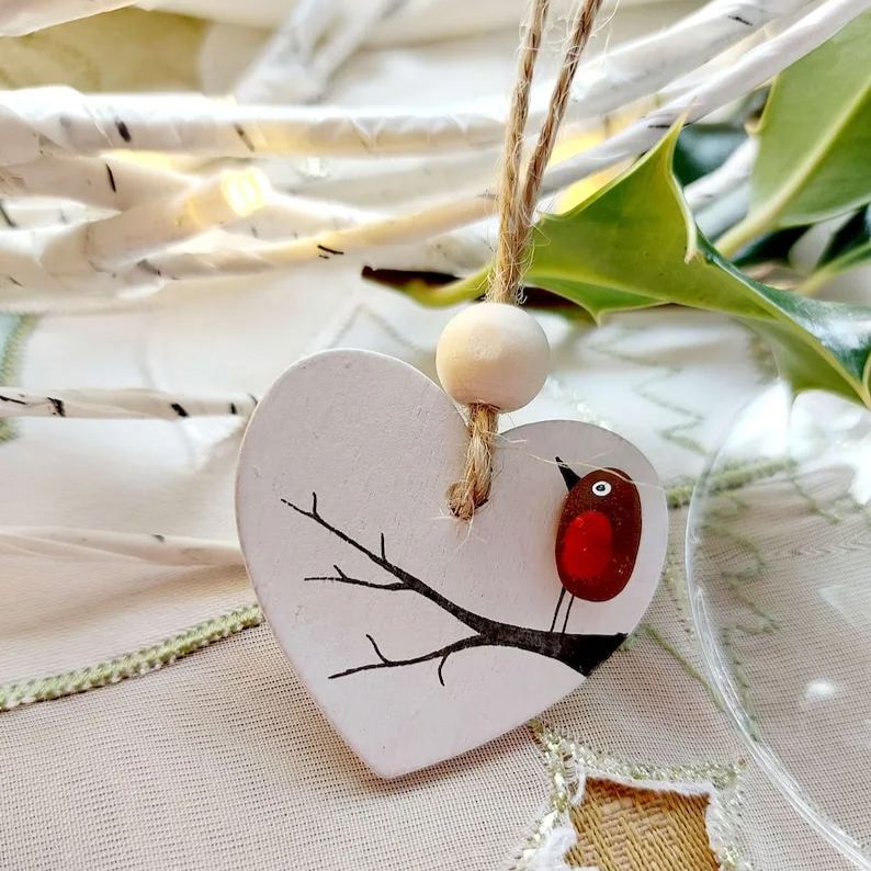 Sea Glass Robin Heart Decoration