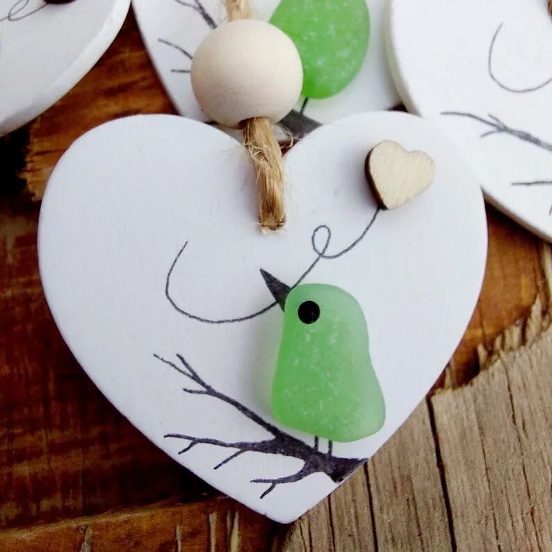 Sea Glass Robin Heart Decoration