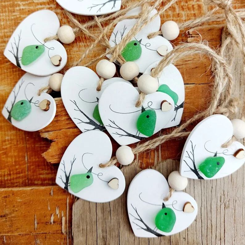 Sea Glass Robin Heart Decoration