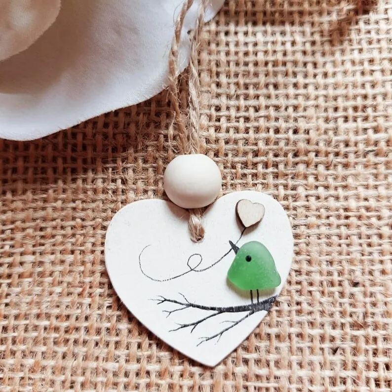 Sea Glass Robin Heart Decoration