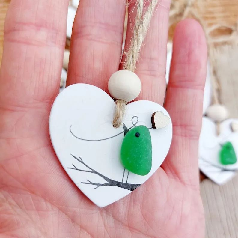 Sea Glass Robin Heart Decoration