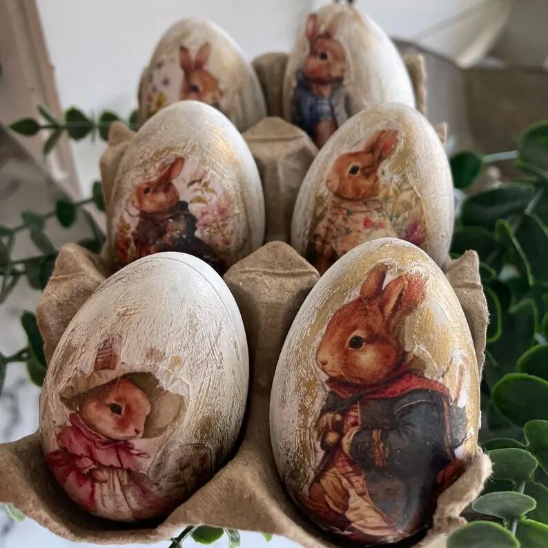 Vintage Rabbit Easter Eggs - Handcrafted Spring Decor