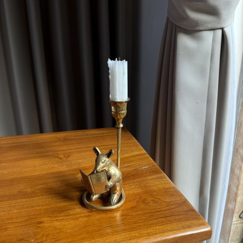 Handcrafted Reading Mouse Candleholder