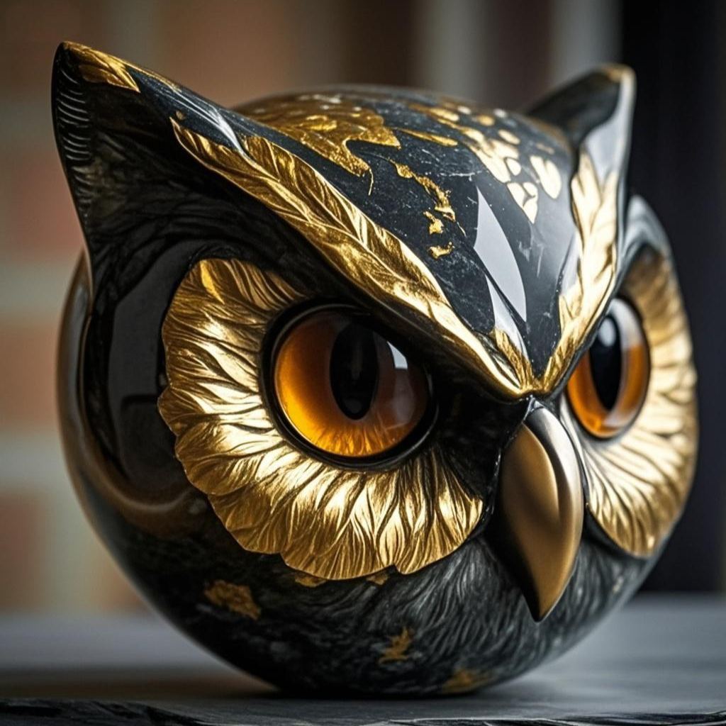  Luxurious Black-Gold Owl Stone Sculpture