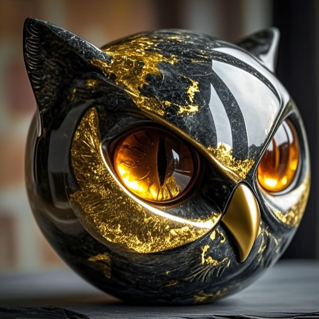  Luxurious Black-Gold Owl Stone Sculpture