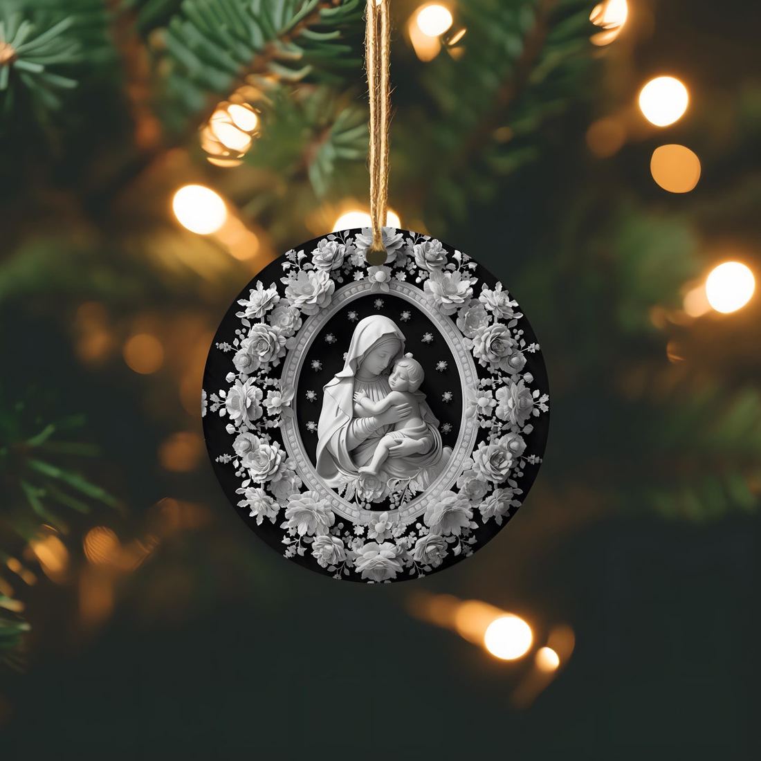  Madonna and Child Snowflake Floral Ceramic Ornament