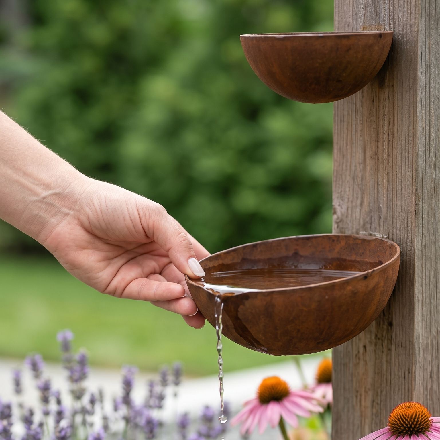 Hanging Insect Drinking Cup Bird Feeder Ornament – Rustic Metal 3‑Tier Cascading Water Bowl Set