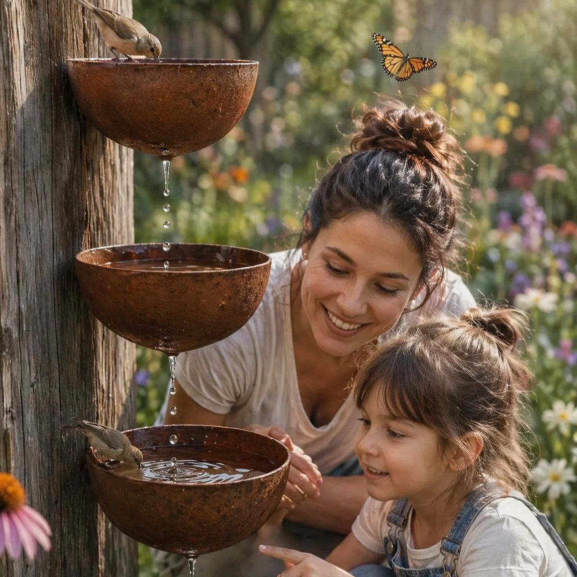 Hanging Insect Drinking Cup Bird Feeder Ornament – Rustic Metal 3‑Tier Cascading Water Bowl Set