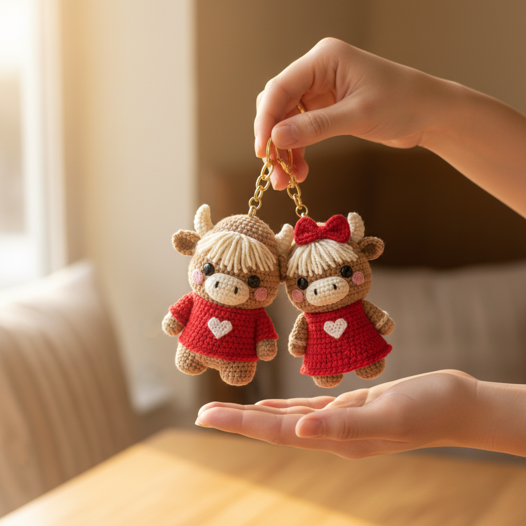 Handmade Highland Cow Couple Keychains - Romantic Crochet Bag Charm