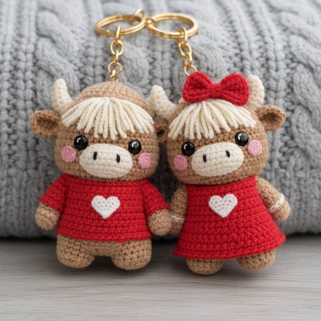 Handmade Highland Cow Couple Keychains - Romantic Crochet Bag Charm