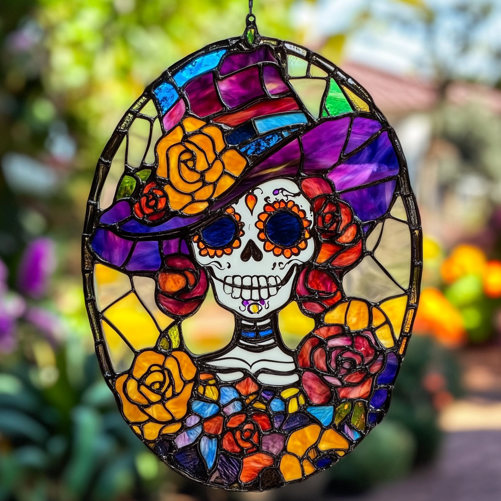 🌈Colorful Sugar Skull Stained Glass Decor🍭