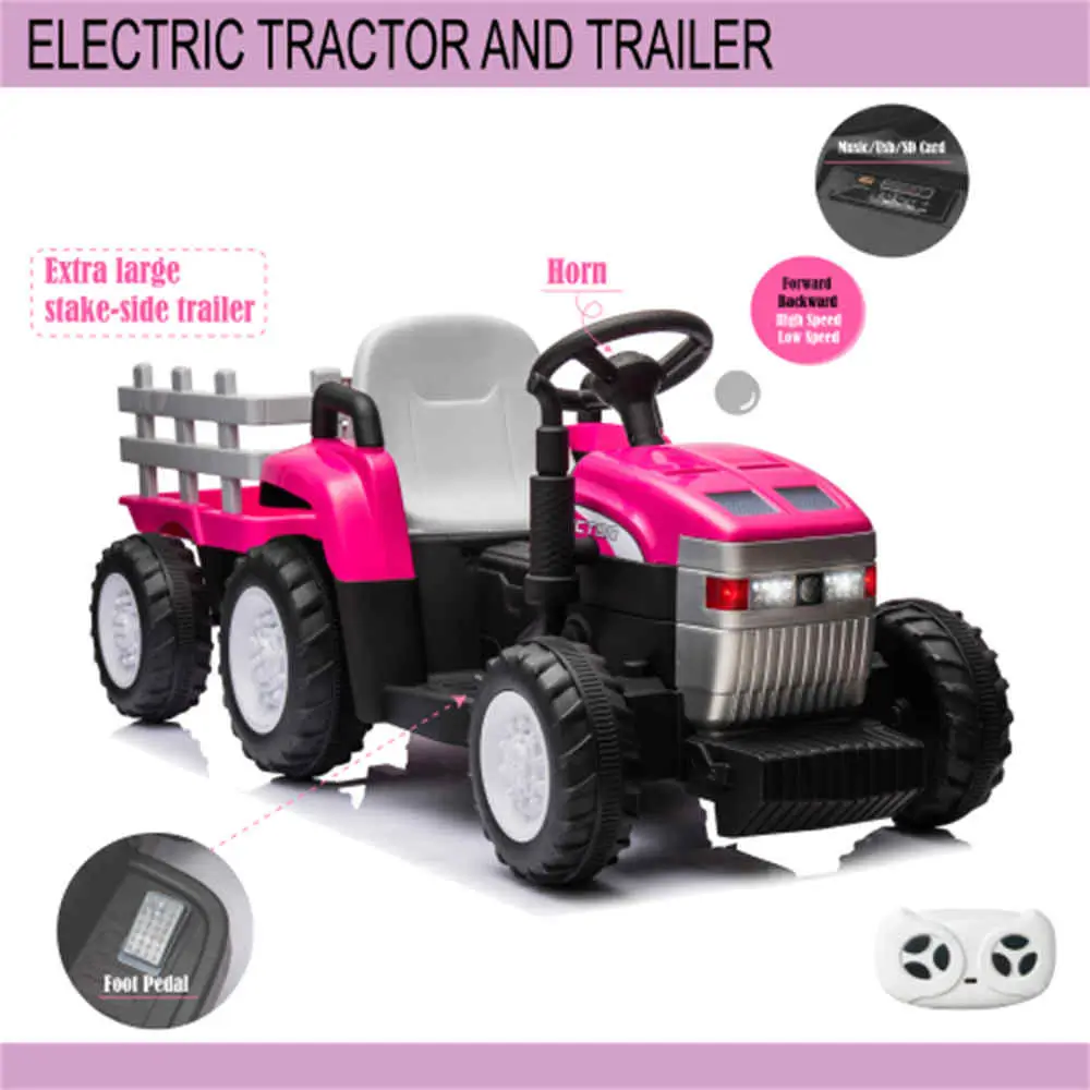 2024 New 2-6 Years Old Children Electric Tractor with Trailer, Remote Control, 2x35W Dual Motors, LED Light, USB, Music, Seat Belt - Toy Kids Gift.