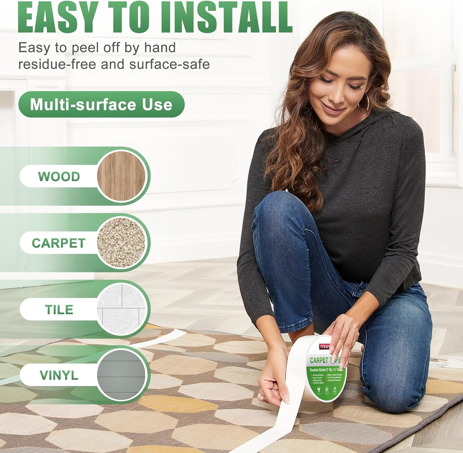 YYXLIFE Double Sided Carpet Tape for Hardwood Floors,Area Rugs Carpet Adhesive Removable Multi-Purpose Rug Tape Cloth Outdoor Steps,Heavy Duty Sticky Tape,2Inch x 12 Yards,Clean