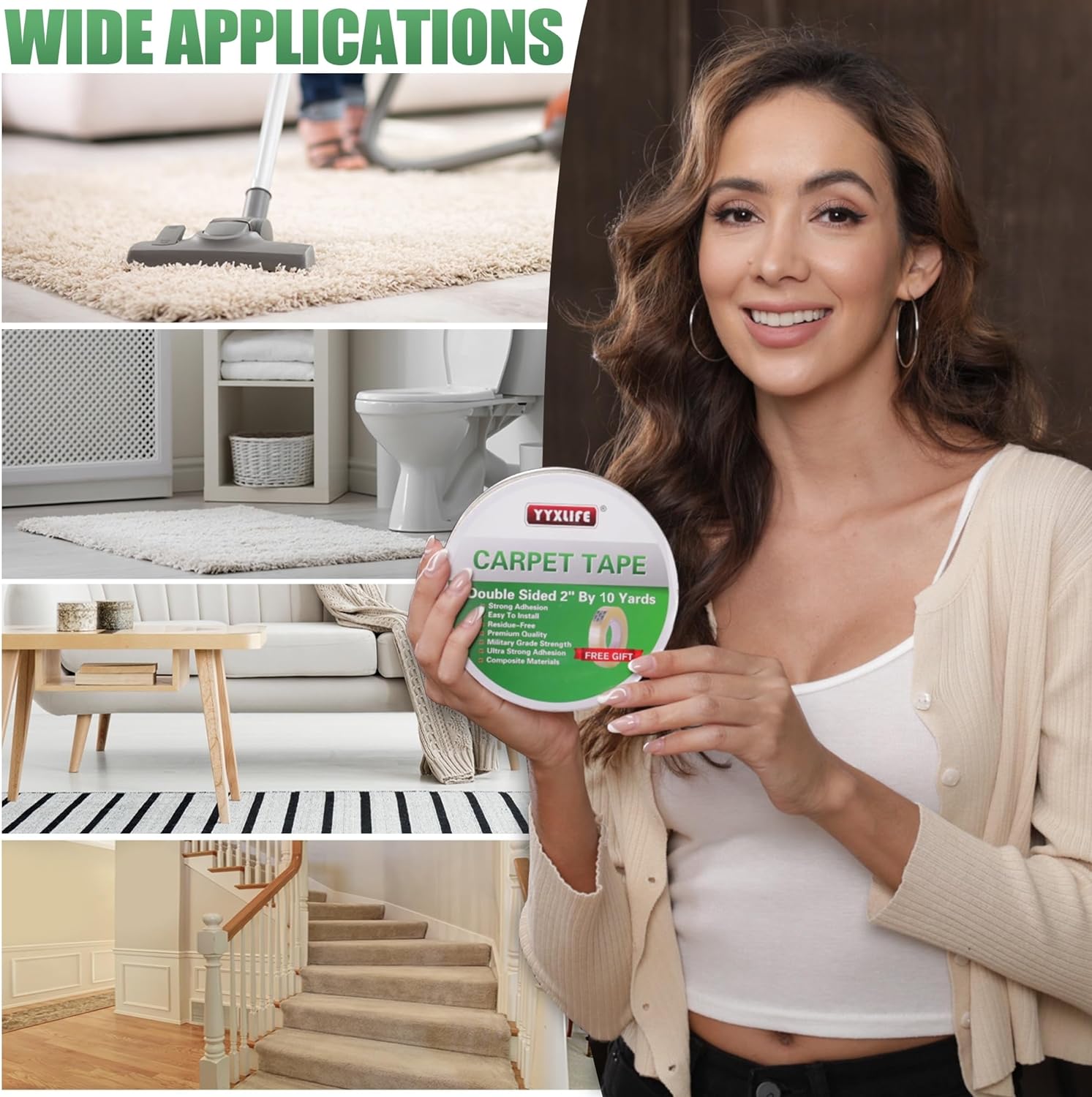 YYXLIFE Double Sided Carpet Tape for Area Rugs Carpet Adhesive Removable Multi-Purpose Rug Tape Cloth for Hardwood Floors, Outdoor Rugs, Carpets Heavy Duty Sticky Tape, 2 Inch x 10 Yards, White