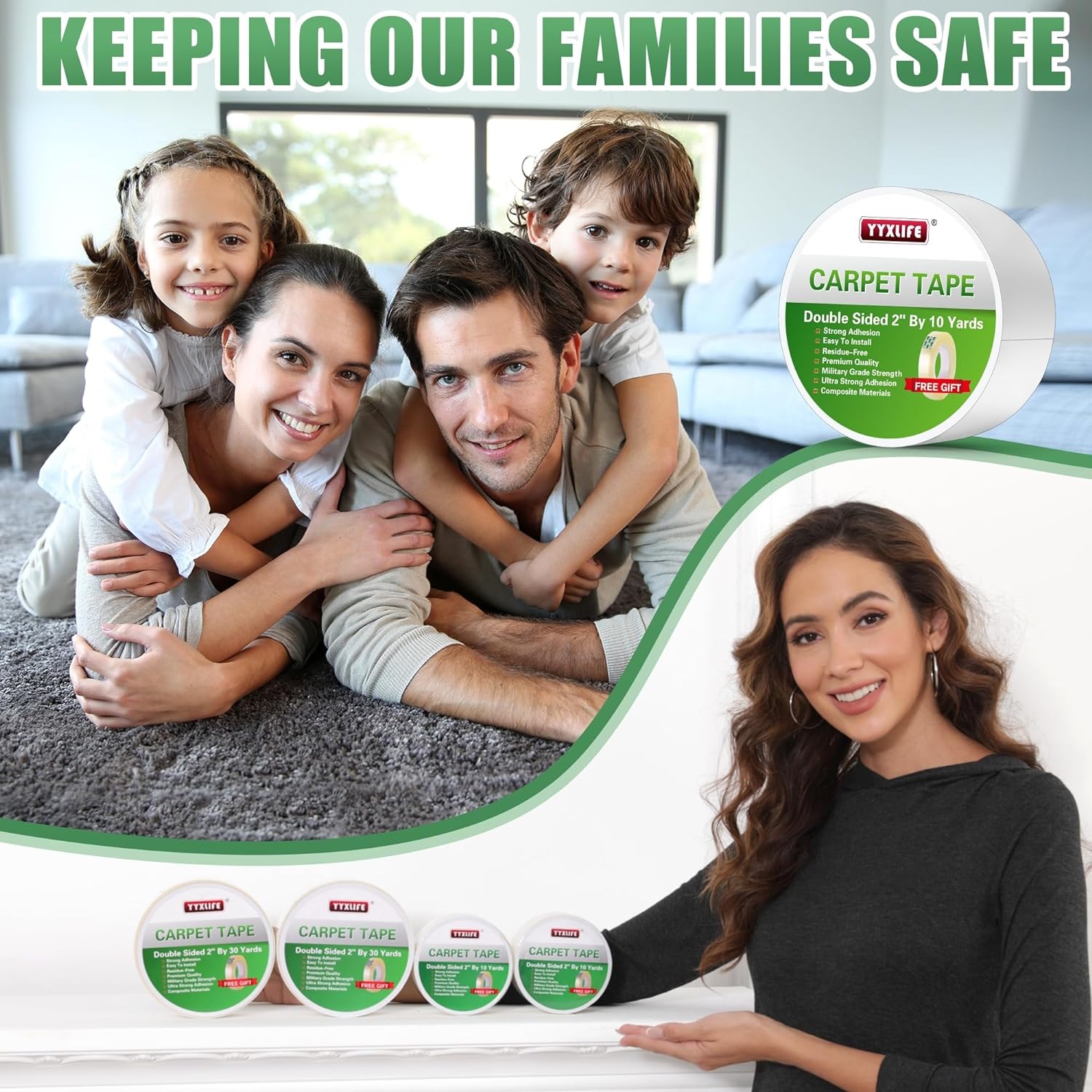 YYXLIFE Double Sided Carpet Tape for Area Rugs Carpet Adhesive Removable Multi-Purpose Rug Tape Cloth for Hardwood Floors, Outdoor Rugs, Carpets Heavy Duty Sticky Tape, 2 Inch x 10 Yards, White