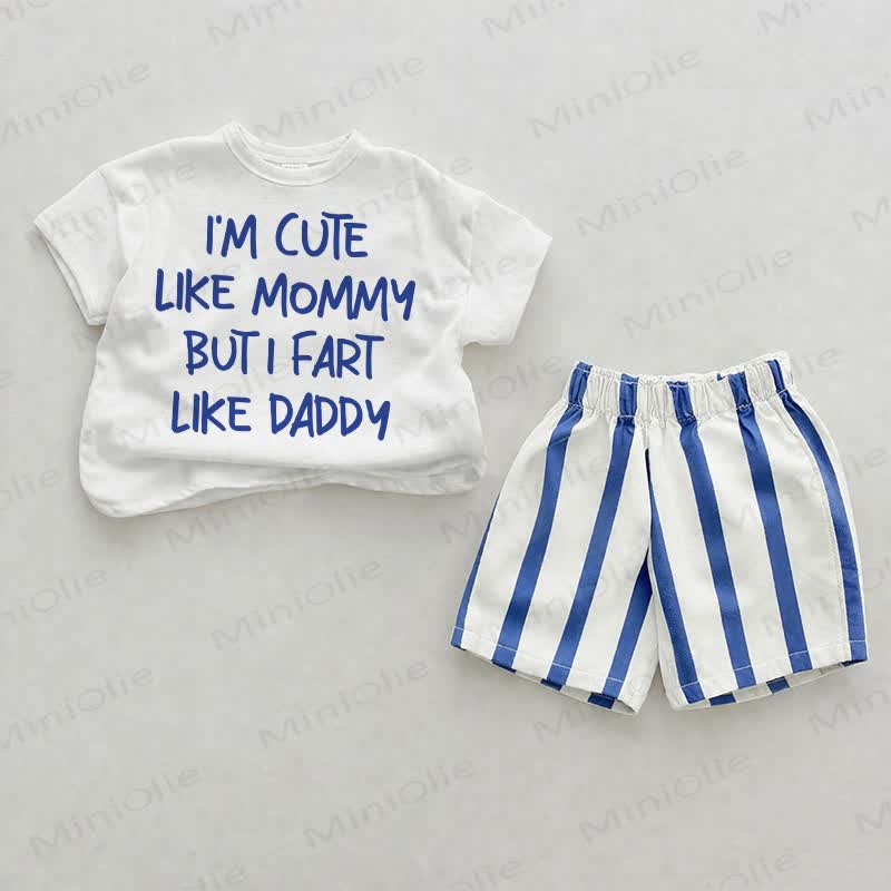 I'M CUTE wie MUMMY , aber ich furze wie DADDY. Baby , vertikal Streifen 2-teiliges Shorts Set - Weiß & Blau - 2-3J - image 1