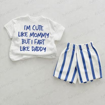 I'M CUTE wie MUMMY , aber ich furze wie DADDY. Baby , vertikal Streifen 2-teiliges Shorts Set - Weiß & Blau - 2-3J - image 1