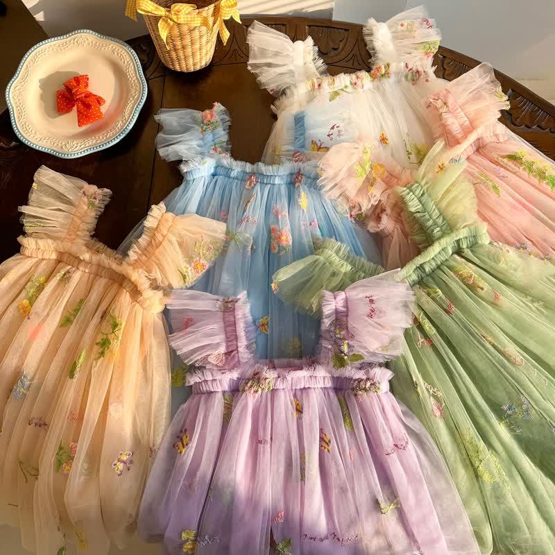 Kleid für Kleinkindermädchen mit Blume, Netzstoff und fliegenden Ärmeln - image 3