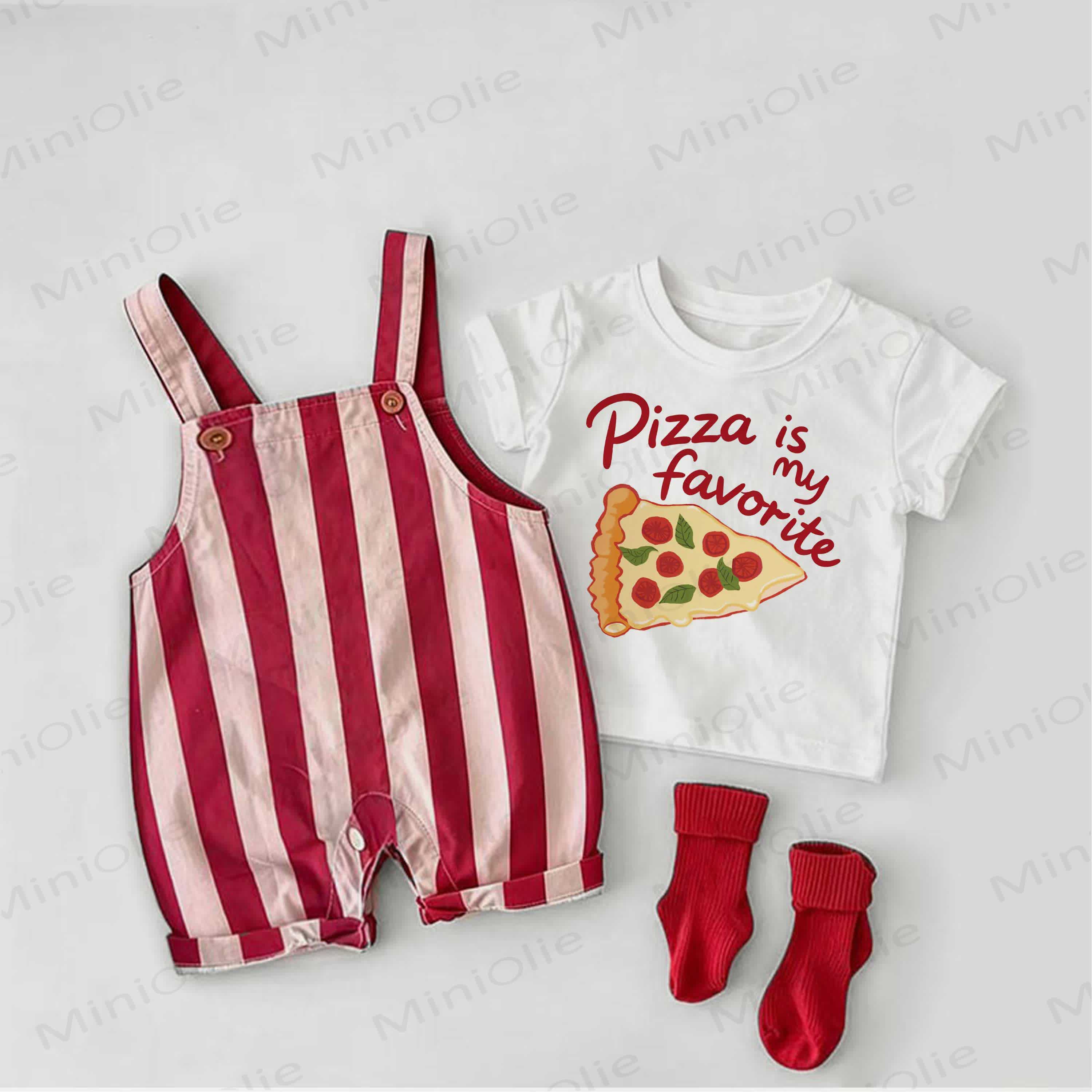 PIZZA IS MY FAVORITE Baby -Pizza-Print: Overalls mit roten Streifen und weißes T-Stück (2-teiliges Set) - Weiß & Rot - 2-3J - image 1