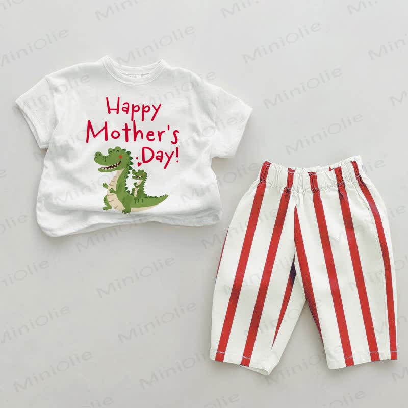 HAPPY zum Muttertag! Baby Dinosaurier Set , rot-vertikal Streifen, 2-teilig - Weiß & Rot - 2-3J - image 1