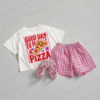 GOOD DAY TO BE A PIZZA Baby T-Stück und Plaid Shorts 2-teiliges Set - Weiß & Rosa - 3-5J - image 1