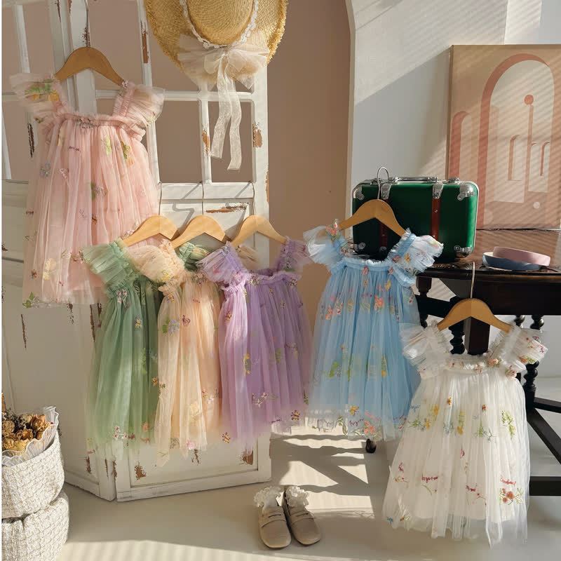 Kleid für Kleinkindermädchen mit Blume, Netzstoff und fliegenden Ärmeln - image 2