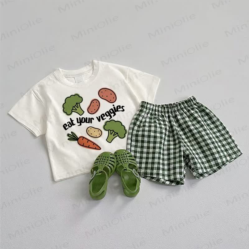 EAT YOUR VEGGIES Baby T-Stück und Plaid Shorts 2-teiliges Set - Weiß & Grün - 3-5J - image 1