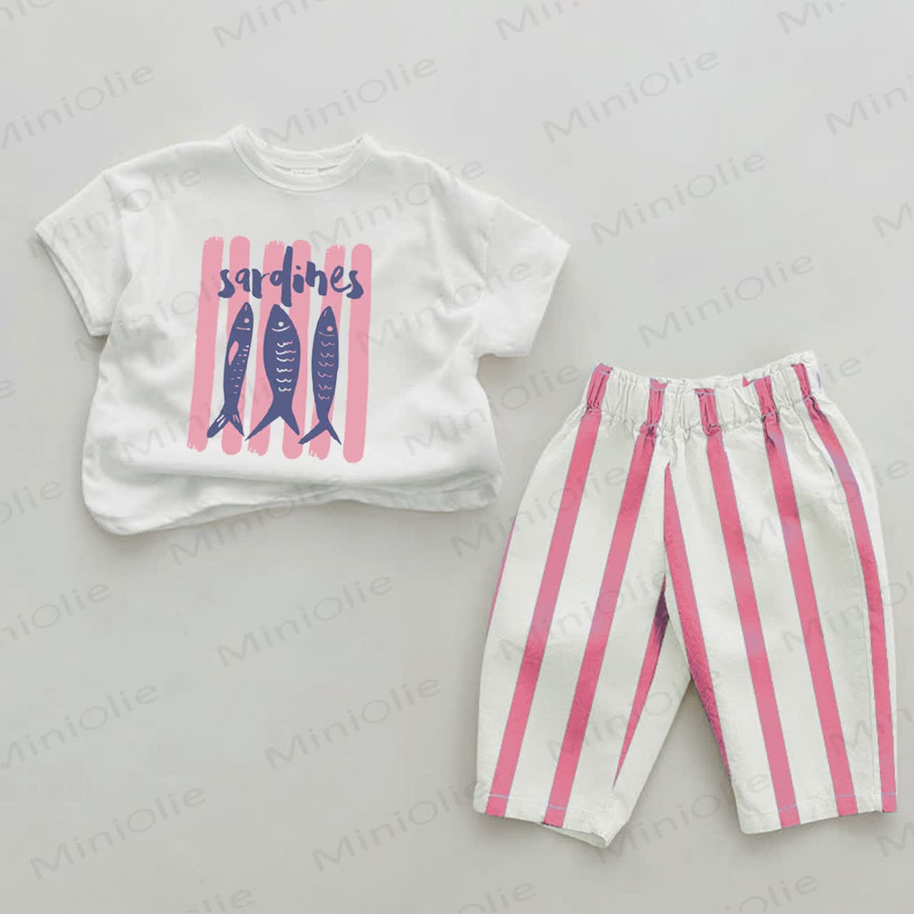 SARDINES Baby Sardinen-Print Rosa Vertikal Streifen 2-teiliges Set - Weiß & Rosa - 2-3J - image 1
