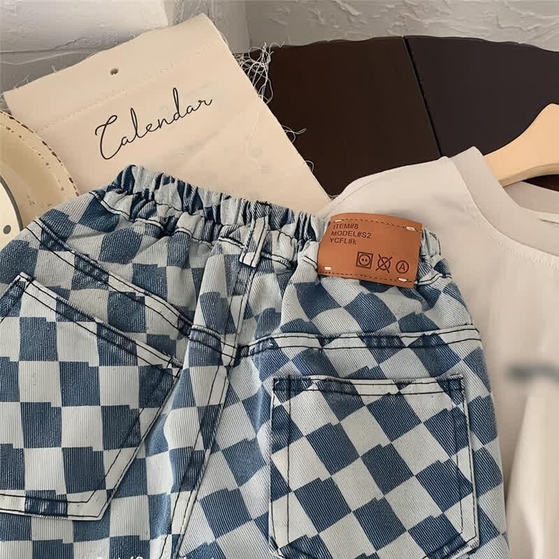 Blaue, lockere Jeanshose mit Rautenmuster für Kleinkinder