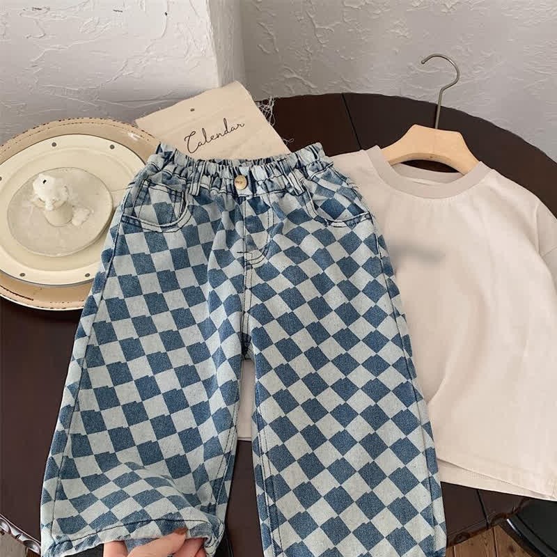 Blaue, lockere Jeanshose mit Rautenmuster für Kleinkinder