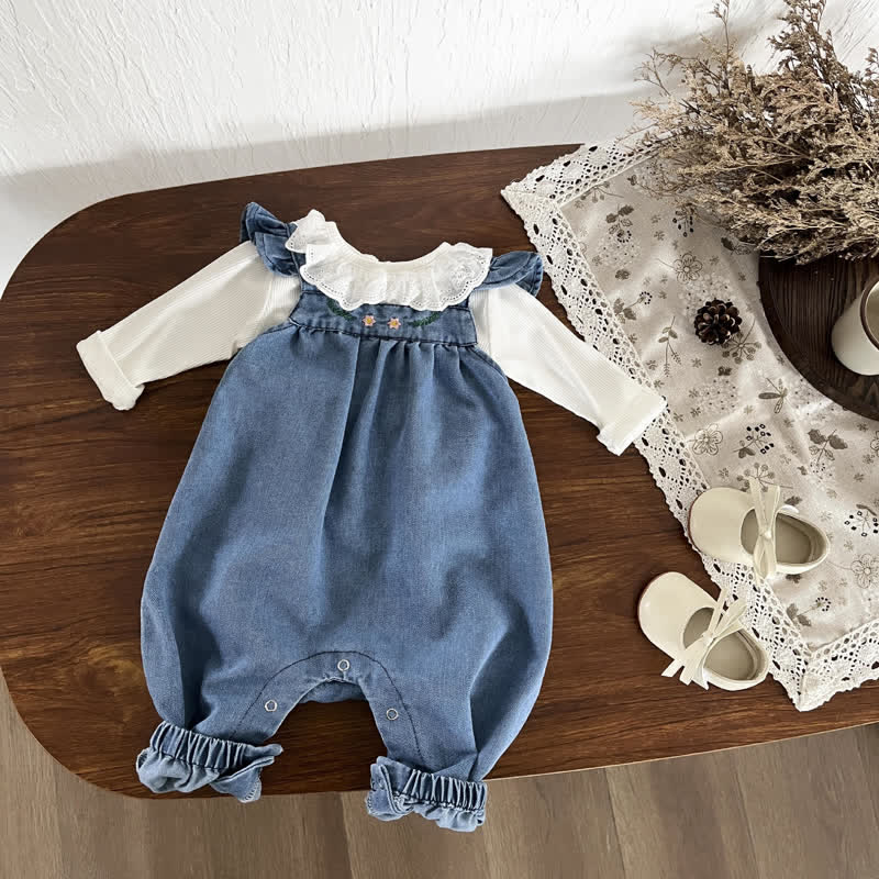 Baby 2 Piece Flower Denim Romper Bodysuit Set