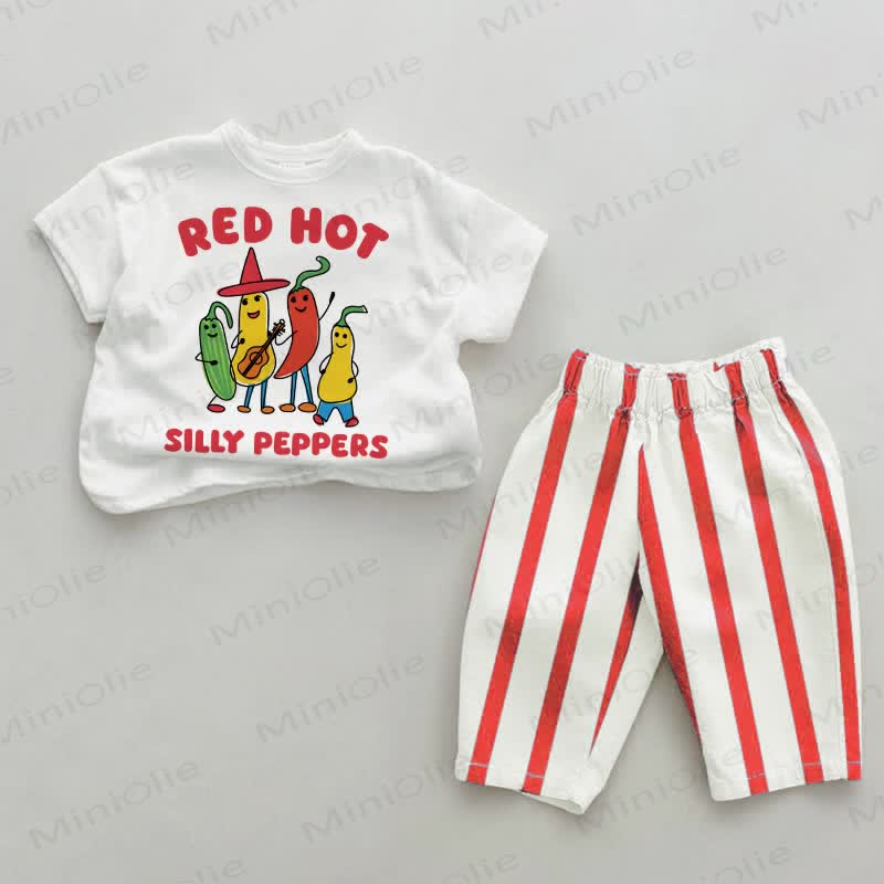 RED HOT SILLY PEPPERS Baby 2-teiliges Streifen Set - Weiß & Rot - 4-5J - image 1