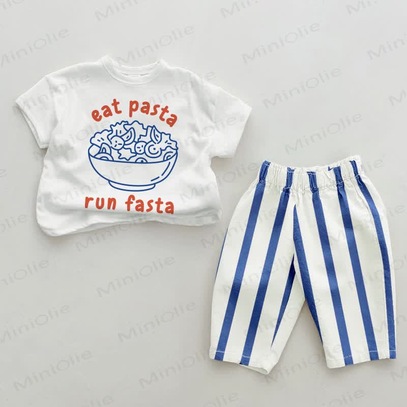 EAT PASTA RUN FASTA Baby , vertikal Streifen 2-teiliges Set - Weiß & Blau - 2-3J - image 1