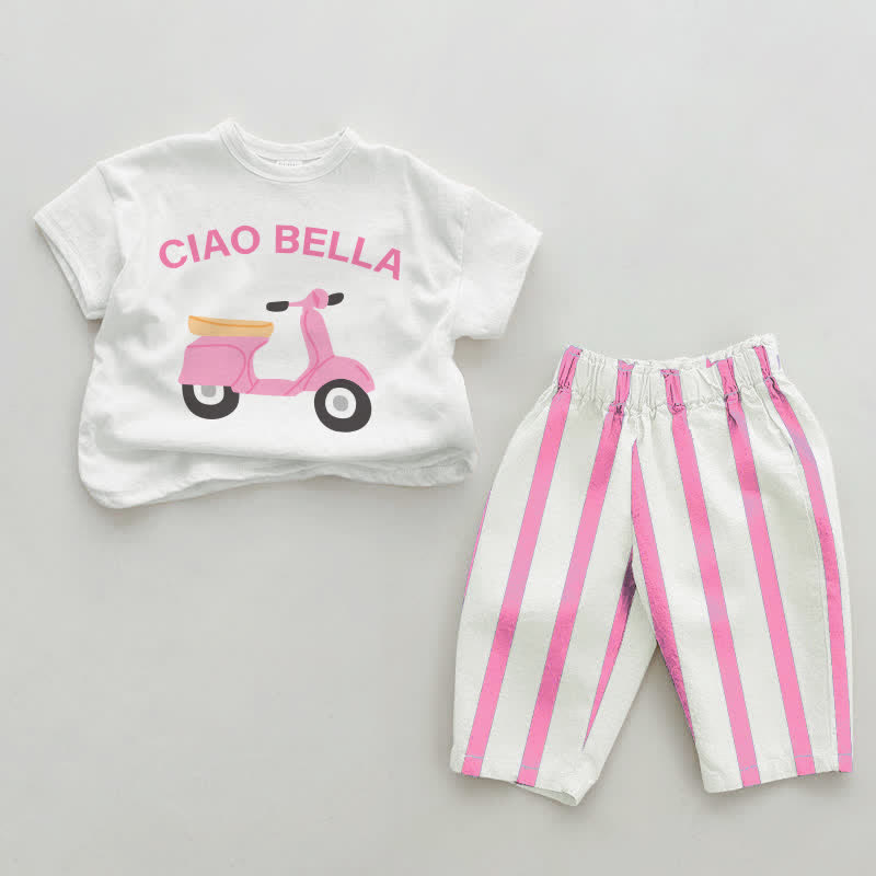CIAO BELLA Baby Motorrad Rosa Vertikal Streifen 2-teiliges Set - Weiß&Rosa - 2-3J - image 1