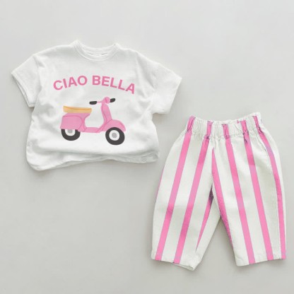 CIAO BELLA Baby Motorrad Rosa Vertikal Streifen 2-teiliges Set - Weiß&Rosa - 2-3J - image 1