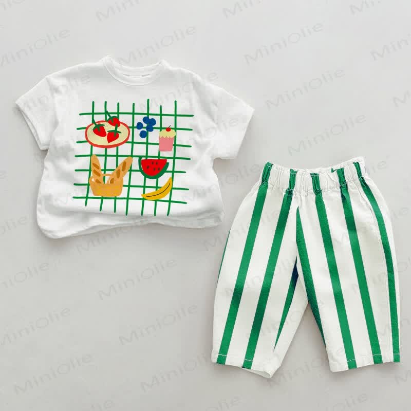 Baby Dessert Fruits Grün Vertikal Streifen 2-teiliges Set - Weiß&Grün - 2-3J - image 1