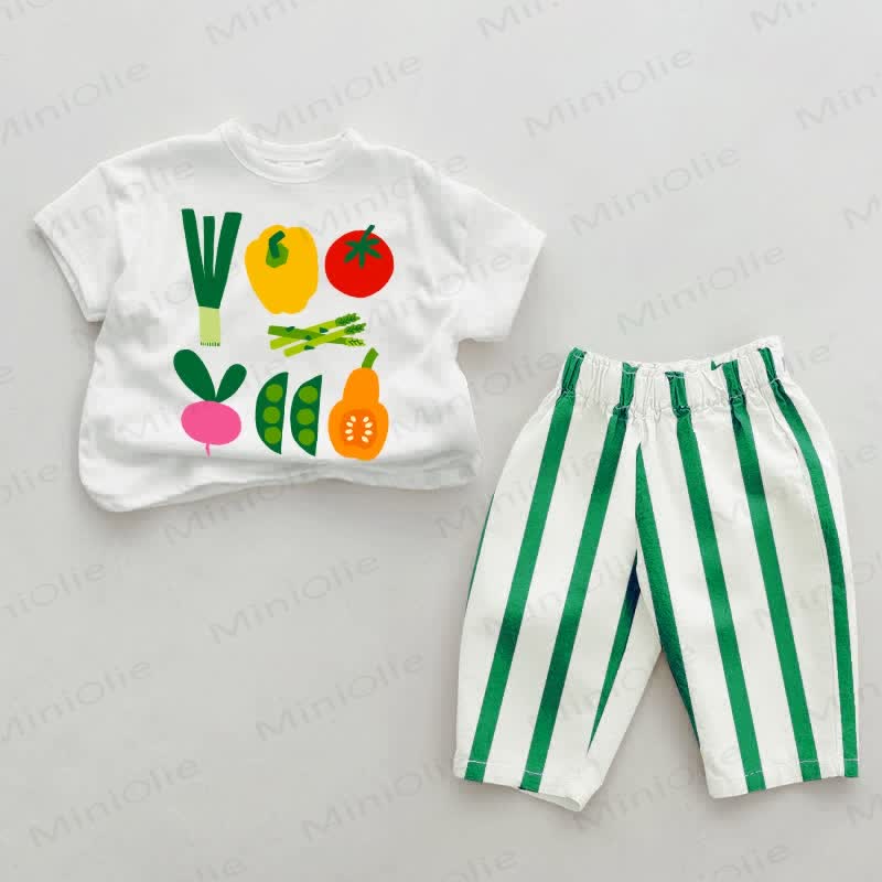 Baby Verschiedene Gemüse Grün Vertikal Streifen 2-teiliges Set - Weiß&Grün - 2-3J - image 1